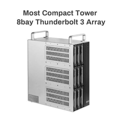 Thunderbolt Three Workhorse Eight Bay Hardware Raid Enclosure, compact tower design with metal shell for data storage.