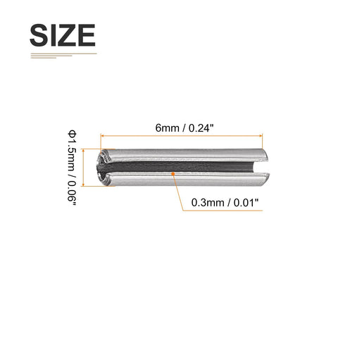 1.5mm By 6mm Slotted Roll Pin Set, 20 Pack, 304 Stainless Steel Spring Dowel Pins, size details on silver fastener