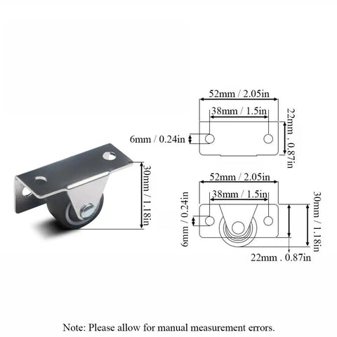Heavy Duty Four Pack TPE Caster Wheels Featuring Dead Quiet Roll and Never A Scratch Guaranteed with size and measurement details.