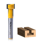 Pro Grade Tungsten Carbide T Slot Router Bit With Rock Solid One Quarter Inch Shank and one half inch width next to T-slot wood cut.