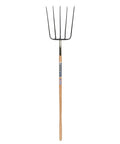 54 Inch Barley Straw Fork with forged steel five tines and contoured wood handle, ideal for yard work and farm cleanup.