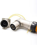 Heavy Duty EV High Voltage Connector 1 Pin Right Angle Metal Plug Socket 500A IP67 Waterproof with yellow wires.