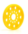 Yellow 64P 100T Spur Gear For 1 By 10 On Road RC Cars, pro grade lightweight plastic main gear upgrade, close-up view