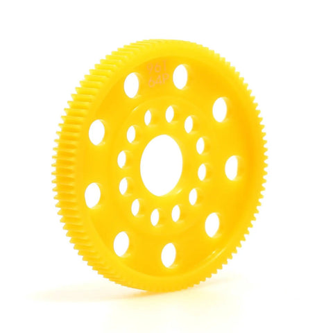 Yellow 64P 100T Spur Gear For 1 By 10 On Road RC Cars, pro grade lightweight plastic main gear upgrade, close-up view