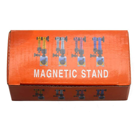 Orange packaging box for magnetic stand; front shows MAGNETIC STAND and diagrams of adjustable stands