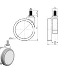 Rock Solid Heavy Duty Castor Wheels Four Pack Swivel Caster Set with detailed dimensions of dual plastic wheels and M8 thread mount.