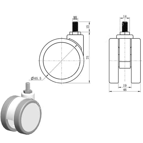 Rock Solid Heavy Duty Castor Wheels Four Pack Swivel Caster Set with detailed dimensions of dual plastic wheels and M8 thread mount.