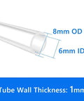 Diagram showing 6mm ID x 8mm OD dimensions of Pure Silicone Tubing for home brewing and aquaponics with 1mm wall thickness.