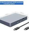 Slick M2 NVMe SSD Enclosure With Dual Bay Docking Station And USBC To USB 3.0 Hookup, silver dual bay dock with cables.