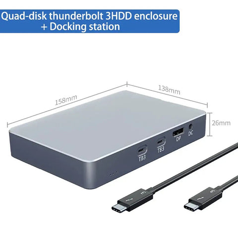 Slick M2 NVMe SSD Enclosure With Dual Bay Docking Station And USBC To USB 3.0 Hookup, silver dual bay dock with cables.