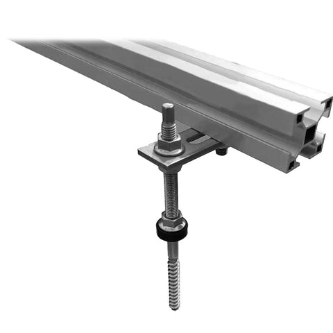 Built Tough Stainless Steel Hanger Bolts For Solar Panel Mounting On Corrugated Metal Roofs Sets Of Four Height Adjustable Quick Setup Bracket Kits close-up showing stainless steel bracket and bolt.