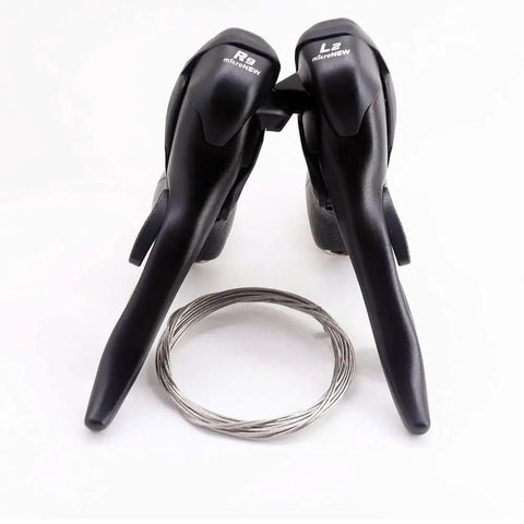 2x9 Road Bike Shifters And Brake Lever Set with black ergonomic levers, coiled steel cable, STI style, compatible with Shimano Sora.