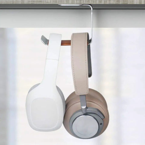 Under Desk Headphone Stand Mount With Self Adhesive Tape L Shape Headset Holder Bracket in use with headphones hanging