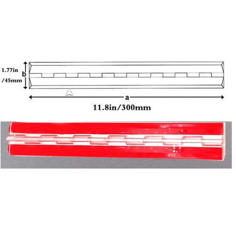 Crystal Clear Self Adhesive Acrylic Piano Hinges 12 Inch shown with measurements, 300mm length and 45mm width for heavy duty use.