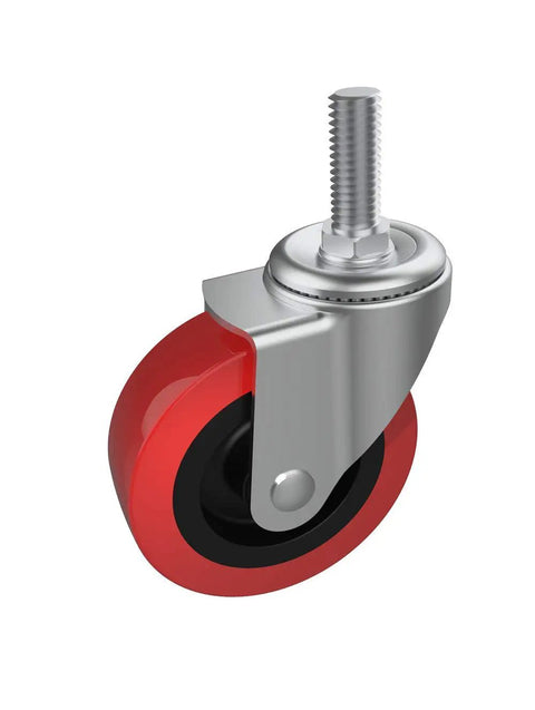 4 Pack Heavy Duty Swivel Caster Wheels 2.5 Inch Diameter For Rolling Shop Carts And Heavy Load Furniture With Heavy Hauler Ball Bearing Threaded Stem Casters close-up of red polyurethane wheel with metallic base and threaded stem.