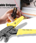 Yellow cable stripper with ergonomic grip and high efficiency design in use for electrical wiring.