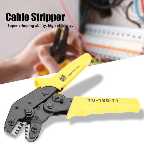 Yellow cable stripper with ergonomic grip and high efficiency design in use for electrical wiring.
