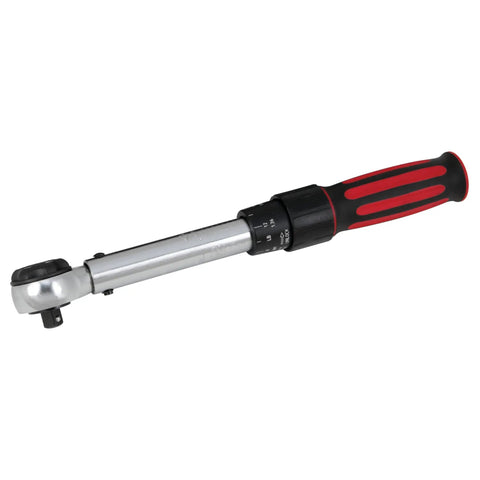 Three Eighths Inch Drive Torque Wrench With 250 Inch Pounds Capacity, Dual Scale Inch Pounds And Newton Meters, Audible Click, 41 Tooth Precision Ratchet For Pro Grade Torque Control, shown in side view with red handle