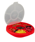 Open red Bucket Seat Small Parts Organizer for 5 gallon buckets, showing 6 compartments filled with various small parts.