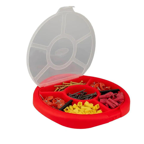 Open red Bucket Seat Small Parts Organizer for 5 gallon buckets, showing 6 compartments filled with various small parts.