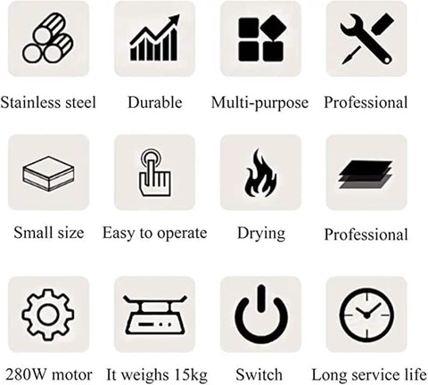 Icons representing features of Compact Sugar Coating Machine For Candy Polishing Chocolate Glazing And Tablet Drying With Constant Temp Control.