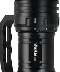 Close-up of Diving Flashlight DL06 Max 15000 Lumen Scuba Light With 6 LEDs, rugged black design, side view with USB-C port.