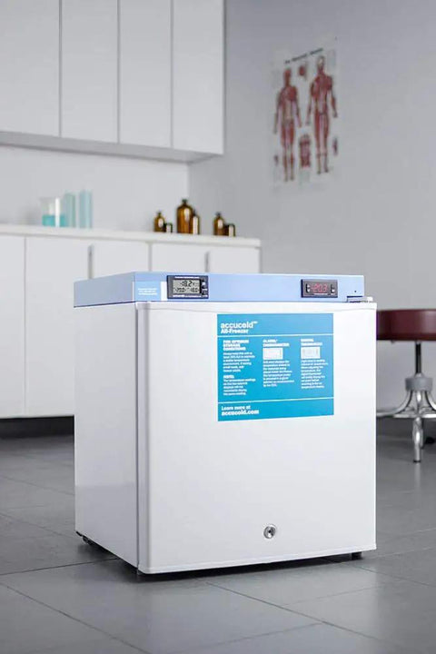 Compact Medical Freezer With Digital Thermostat And Secure Front Lock Nist Calibrated Thermometer in modern lab setting.