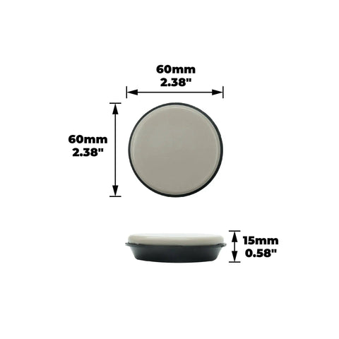 Front and side view of a 1-3/4 Inch Round Slide Glide Furniture Cup, black, showing dimensions for sofas, tables, and dressers.