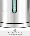 Close-up of the Soft Top Pure Hot Water Kettle With Easy Pour, brushed stainless steel, showing dual water windows on base.