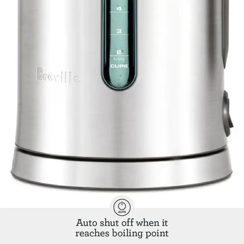 Close-up of the Soft Top Pure Hot Water Kettle With Easy Pour, brushed stainless steel, showing dual water windows on base.