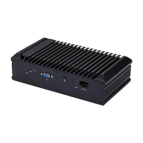 Mini Pc Tower Powered By The Atom C3958 Processor With Sixteen Gb Ram Featuring Four Ten Gigabit Sfp Plus Fiber Links Alongside Five Two Point Five Gbe Ethernet Ports In Beast Mode For Bulletproof Firewalls And Smoother Business Hubs, black compact server back view.
