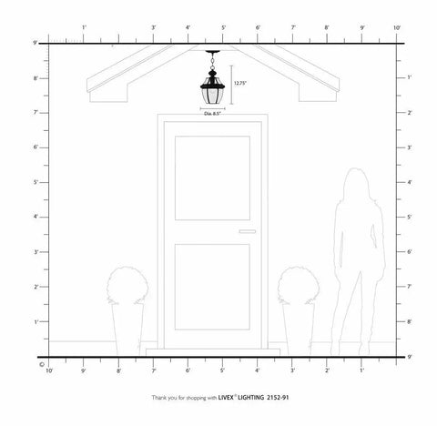 Diagram of Monterey 1-Light Outdoor Hanging Lantern in Brushed Nickel installed in entryway with measurements shown.