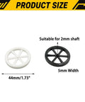 12 Piece Plastic Wheel Kit For DIY Maker Builds And RC Projects With 44mm Diameter Wheels And 2mm Bore 100mm Round Rod Shafts In Mixed Colors illustration showing size and shaft compatibility