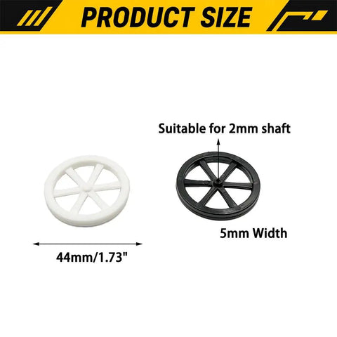 12 Piece Plastic Wheel Kit For DIY Maker Builds And RC Projects With 44mm Diameter Wheels And 2mm Bore 100mm Round Rod Shafts In Mixed Colors illustration showing size and shaft compatibility