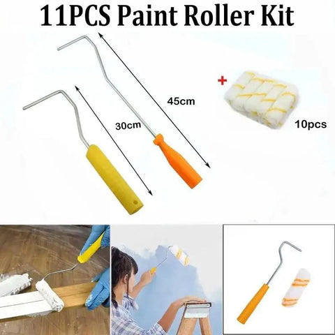 Premium Microfiber Paint Rollers And Frames Kit Featuring Short Pile Nap For Hella Smooth Finish On Semi Flat Walls Plus Angled Corner Brushes For Zero Fuss Diy Refreshing Rooms Projects, 11PCS set with paint rollers and frames.