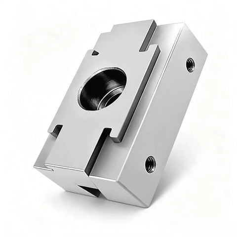 One Piece M8 Double Sided Clamping Block For CNC Machining Quick Swap Jaw Fixture Wide Base Setup showing details of a rectangular steel body.