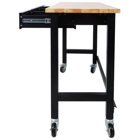 Side view of 60 Inch Heavy Duty Mobile Workbench With Three Drawers Solid Rubber Wood Top Locking Casters Rolling Steel Work Table