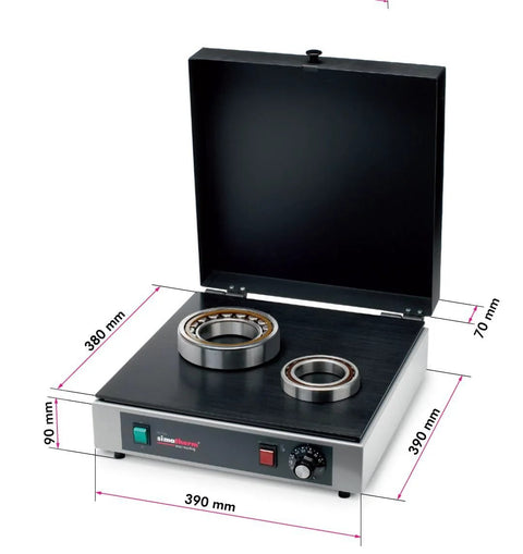 Front view of Simatec Simatherm HPL 200 large industrial bearing heater hot plate with two bearing rings and hinged lid.