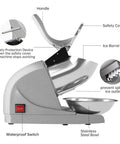 Electric Ice Shaver With Prevent Splash Design 3 Blade Snow Cone Machine 380W Shaved Ice Maker Cranks Out Up To 286 Lbs Per Hour Home Use Ice Crusher With Free Ice Pick Silver featuring labeled parts including handle, safety cover, and stainless steel bowl.