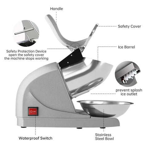 Electric Ice Shaver With Prevent Splash Design 3 Blade Snow Cone Machine 380W Shaved Ice Maker Cranks Out Up To 286 Lbs Per Hour Home Use Ice Crusher With Free Ice Pick Silver featuring labeled parts including handle, safety cover, and stainless steel bowl.