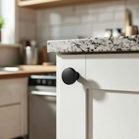 Flat Black Cabinet Knobs 10 Pack Round One And One Quarter Inch Solid Zinc Metal Matte Finish Sleek With Screws Included for Kitchen