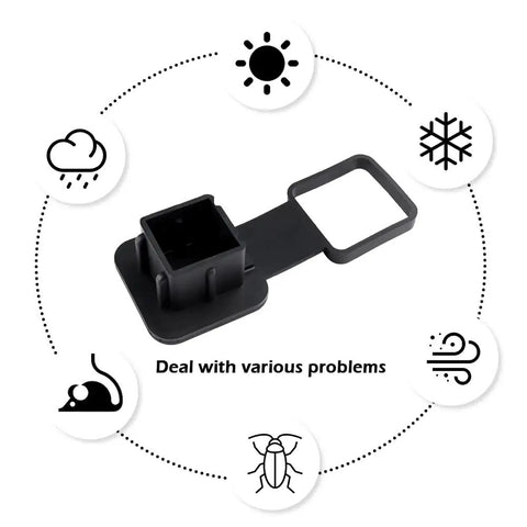 2 Inch Trailer Hitch Cover Rubber Dust Cap For 2x2 Receiver, universal fit for Class 3-4 hitches, weather icons, text "Deal with various problems"
