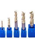 Pro Grade Solid Carbide End Mill Set For Aluminum 5 Pcs One Eighth To Three Eighths Inch ZRN Coated 3 Flute 37 Degree Helix HRC55 CNC Router Bits Square End Bits displayed in blue holders