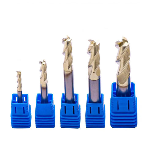 Pro Grade Solid Carbide End Mill Set For Aluminum 5 Pcs One Eighth To Three Eighths Inch ZRN Coated 3 Flute 37 Degree Helix HRC55 CNC Router Bits Square End Bits displayed in blue holders