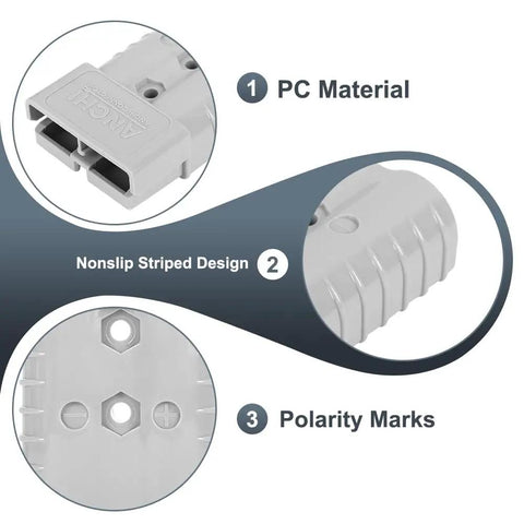 Beefy 350A Battery Connector For 2/0 AWG Cables Gray Color, Ideal For Forklift Recovery Winches And Towing Systems, Delivers 350 Amps Continuously At Up To 600V, Must Pair Only With The Same Color And Type For Safe Use. Gray PC connector with striped grip and polarity marks