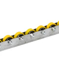 Heavy Duty Galvanized Steel Flow Rail Conveyor Wheels With Custom 0.7 M Length For Pallets, Boxes And Warehouse Logistics Skate Wheel Cart System close-up of yellow roller wheels on steel frame.
