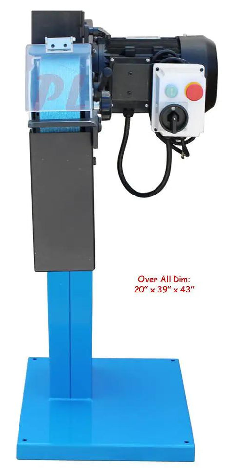 Heavy Duty 3 Inch Belt Grinder And Sanding Rig With Powerful 220 Volt Motor Adjustable Table Height, side view with control panel