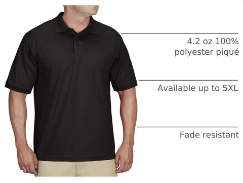 Mens Short Sleeve Uniform Polo Shirt In Black Built For The Daily Grind With Hella Fast Moisture Wicking To Keep You Chill And Fade Proof Pique Polyester That Holds Its Shape Plus A Smart Casual Cut Done Right For Any Working Crew Out Here, shown in black, made from 4.2 oz 100% polyester pique.