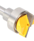 Close-up of Premium Carbide Router Bit Template For Woodworking Pros With 1/4 Inch Shank and Coated Body.