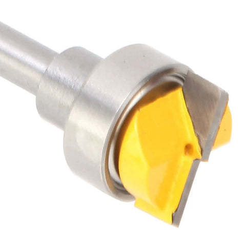 Close-up of Premium Carbide Router Bit Template For Woodworking Pros With 1/4 Inch Shank and Coated Body.